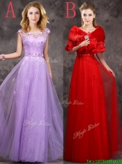 Discount Beaded and Applique Cap Sleeves Long Prom Dresses in Tulle