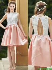 Elegant Bateau Open Back Applique Short Dama Dresses in Pink