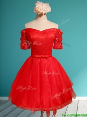 Elegant Off the Shoulder Short Sleeves Prom Dresses with Appliques and Belt