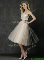 Elegant One Shoulder Sashes and Appliques Prom Dresses in Champagne