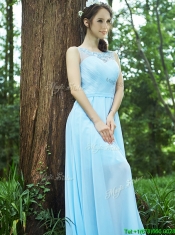 Elegant See Through Scoop Appliques Prom Dresses in Light Blue