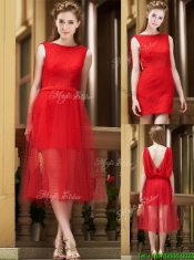Exclusive Bateau Lace Tea Length Prom Dresses in Red Exclusive Bateau Lace Tea Length Prom Dresses in Red