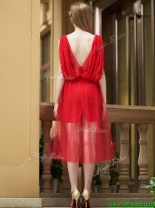 Exclusive Bateau Lace Tea Length Prom Dresses in Red
