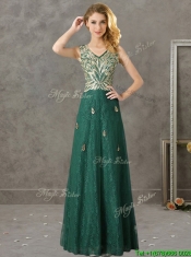 Fashionable V Neck Long Prom Dresses with Appliques and Beading