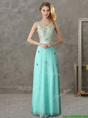 Fashionable V Neck Long Prom Dresses with Appliques and Beading