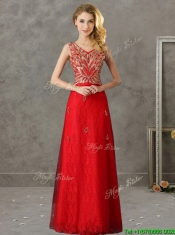 Fashionable V Neck Long Prom Dresses with Appliques and Beading