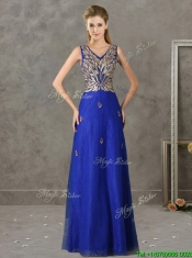 Fashionable V Neck Long Prom Dresses with Appliques and Beading