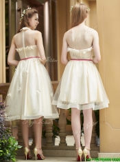 Gorgeous High Neck Champagne Prom Dresses with Appliques and Sashes