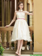 Gorgeous High Neck Champagne Prom Dresses with Appliques and Sashes