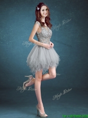Gorgeous Scoop Appliques and Ruffles Prom Dresses in Grey
