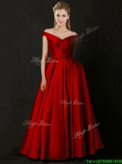 Latest Bowknot Wine Red Long Prom Dresses with Off the Shoulder