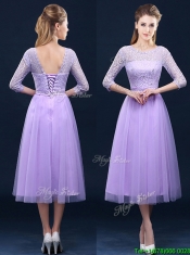 Latest Half Sleeves Tea Length Laced Dama Dresses in Lavender