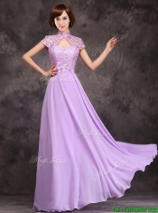 Low Price High Neck Cap Sleeves Lavender Long Dama Dresses