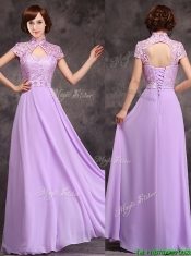 Low Price High Neck Cap Sleeves Lavender Long Dama Dresses