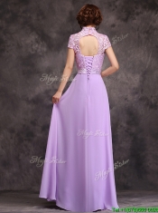 Low Price High Neck Cap Sleeves Lavender Long Dama Dresses
