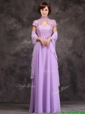 Low Price High Neck Cap Sleeves Lavender Long Dama Dresses