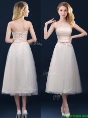 Low Price Strapless Belt Champagne Long Prom Dresses in Tulle Low Price Strapless Belt Champagne Long Prom Dresses in Tulle