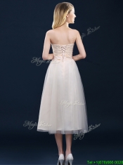 Low Price Strapless Belt Champagne Long Prom Dresses in Tulle
