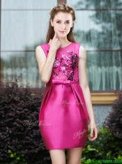 Luxurious Column Scoop Applique Hot Pink Prom Dresses in Satin