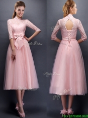 Luxurious Laced High Neck Half Sleeves Prom Dresses with Bowknot
