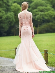 Luxurious See Through Light Pink Mermaid Prom Dresses with Brush Train