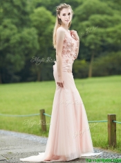 Luxurious See Through Light Pink Mermaid Prom Dresses with Brush Train