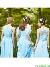Modest Light Blue Empire Long Prom Dresses with Appliques