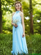 Modest Light Blue Empire Long Prom Dresses with Appliques