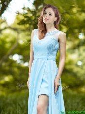 Modest Light Blue Empire Long Prom Dresses with Appliques