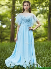 Modest Light Blue Empire Long Prom Dresses with Appliques