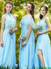 Modest Light Blue Empire Long Prom Dresses with Appliques