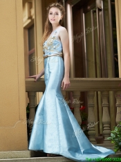 Modest Mermaid Applique Brush Train Prom Dresses in Light Blue