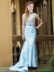 Modest Mermaid Applique Brush Train Prom Dresses in Light Blue