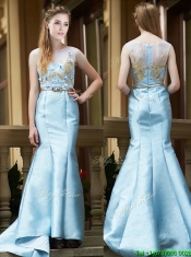 Modest Mermaid Applique Brush Train Prom Dresses in Light Blue Modest Mermaid Applique Brush Train Prom Dresses in Light Blue