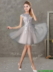 Most Popular Bateau Cap Sleeves Grey Prom Dresses with Lace
