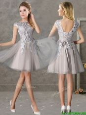 Most Popular Bateau Cap Sleeves Grey Prom Dresses with Lace
