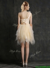 New One Shoulder Short Prom Dresses with Belt and Hand Made Flowers