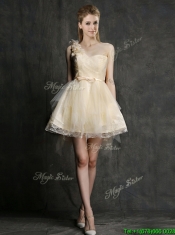 New One Shoulder Short Prom Dresses with Belt and Hand Made Flowers