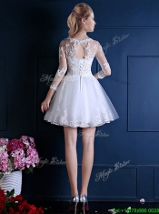 New See Through Scoop Three Fourth Length Sleeves Short Prom Dresses in White