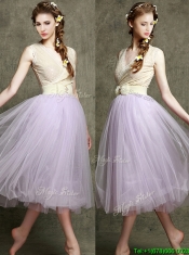 New Style Lavender V Neck Prom Dresses with Bowknot and Belt
