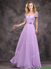 Perfect Applique and Laced Lavender Long Prom Dresses in Chiffon