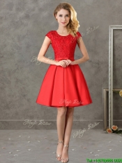 Popular Scoop Cap Sleeves Prom Dresses with Bowknot and Lace