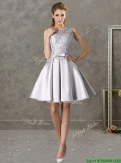 Popular Scoop Cap Sleeves Prom Dresses with Bowknot and Lace