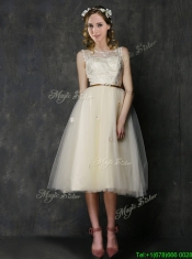 Popular Scoop Champagne Prom Dresses with Sashes and Lace