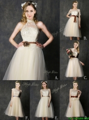 Popular Scoop Champagne Prom Dresses with Sashes and Lace