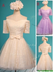 Pretty Off the Shoulder Short Sleeves Champagne Prom Dresses with Bowknot