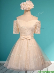 Pretty Off the Shoulder Short Sleeves Champagne Prom Dresses with Bowknot