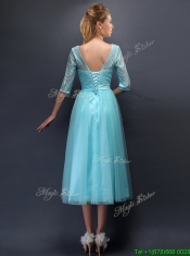 Romantic Aqua Blue Scoop Half Sleeves Prom Dresses with Bowknot