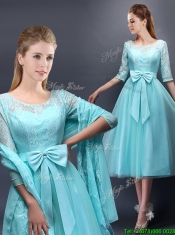 Romantic Aqua Blue Scoop Half Sleeves Prom Dresses with Bowknot