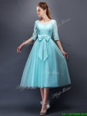 Romantic Aqua Blue Scoop Half Sleeves Prom Dresses with Bowknot
